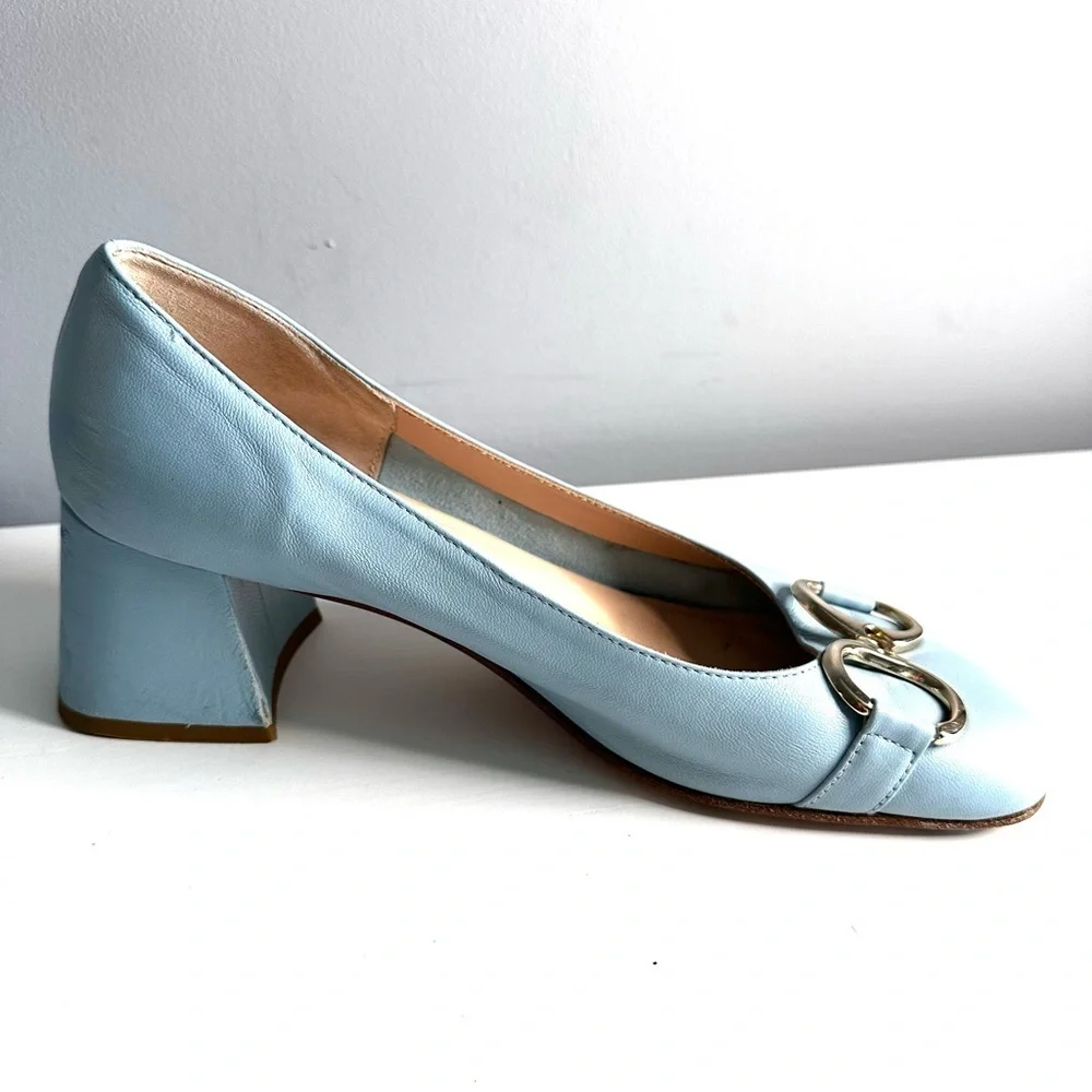 SCARLET Made in Italy, Low Block Heel, Leather, Baby Blue, Buckle Detail, Sz 8.5 - Picture 5 of 11